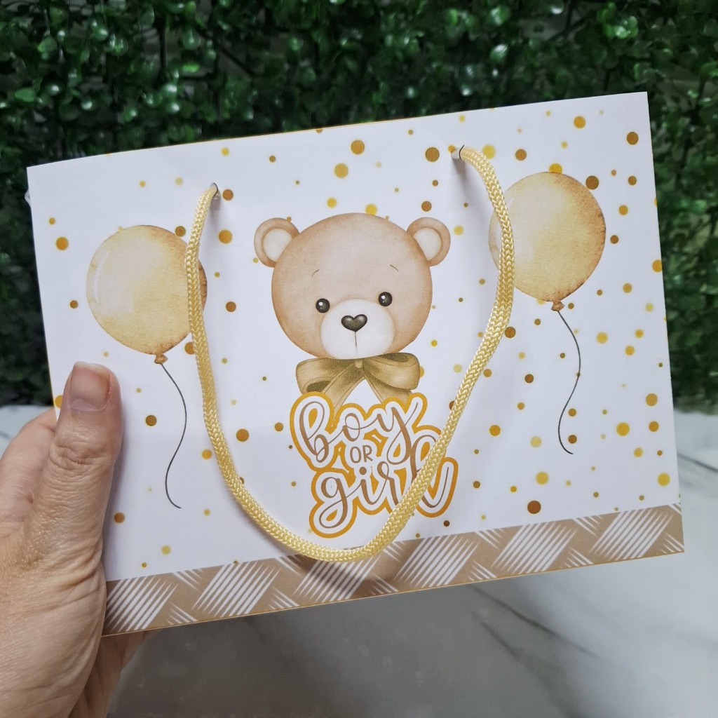 10 Sacolinhas G Personalizada para Festa TEMA Chá Revelação Ursinho Branco e Dourado PEGUE E MONTE