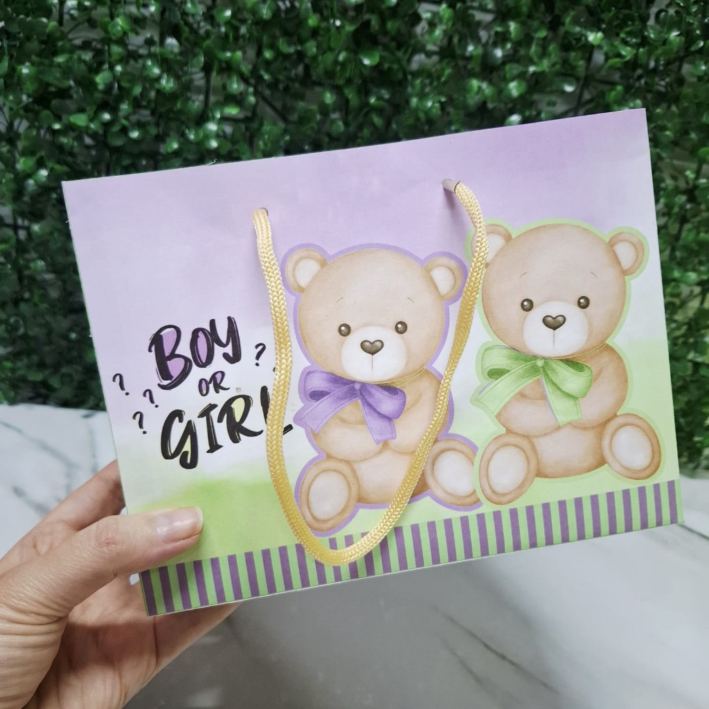 10 Sacolinhas G Personalizada para Festa TEMA Chá Revelação Ursinho Verde e Lilás PEGUE E MONTE
