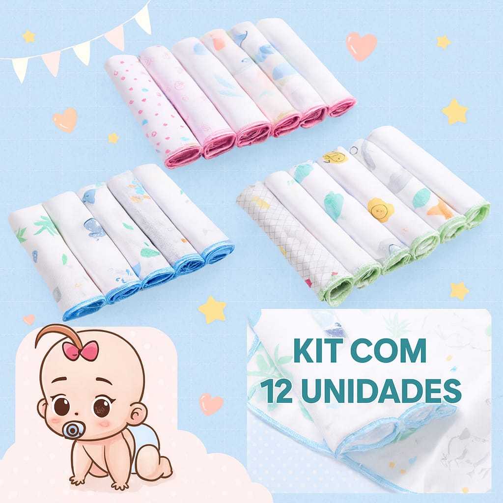 Kit Com 12 Unidades Toalhinha De Boca Fraldinha Para Bebê Pano De Boca 30x30