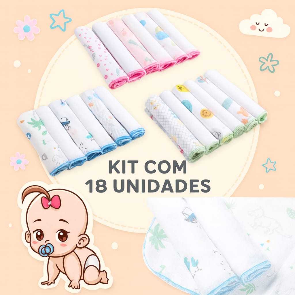 Kit 18 Unidades Paninho De Boca 30x30 Para Bebê Toalhinha De Boca Fraldinha De pano