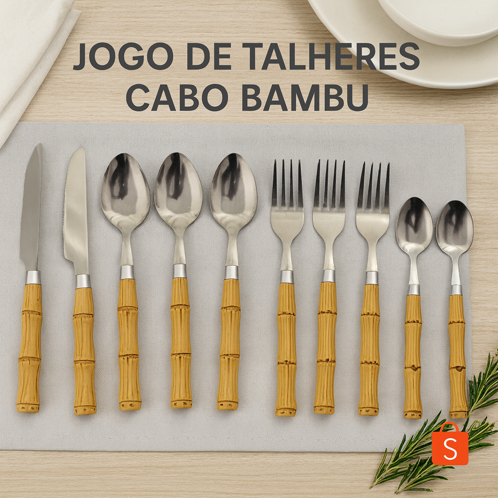 Jogo 12 ou 24 Talheres Cabo Bambu Inox Luxo Cozinha