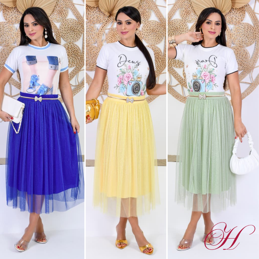 Saia Tule de Brilho Glitter forrada Lisa Moda evangélica Fardamento Festividade Congresso em Oferta na Shopee