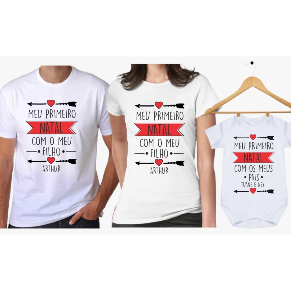 Kit Pai Mãe e Filho (a) Primeiro Natal Camisetas e Body Kit 3 Peças