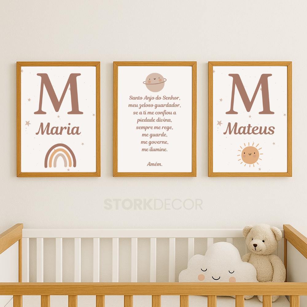 Kit 3 Quadros Decorativos Infantil Personalizado Nome Bebê Para Quarto Ou Porta Maternidade Astros Irmãos