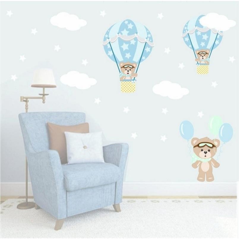 Adesivo de parede Urso ursinho baloeiro azul estrelinhas decoração infantil bebê (papel de parede adesivo)