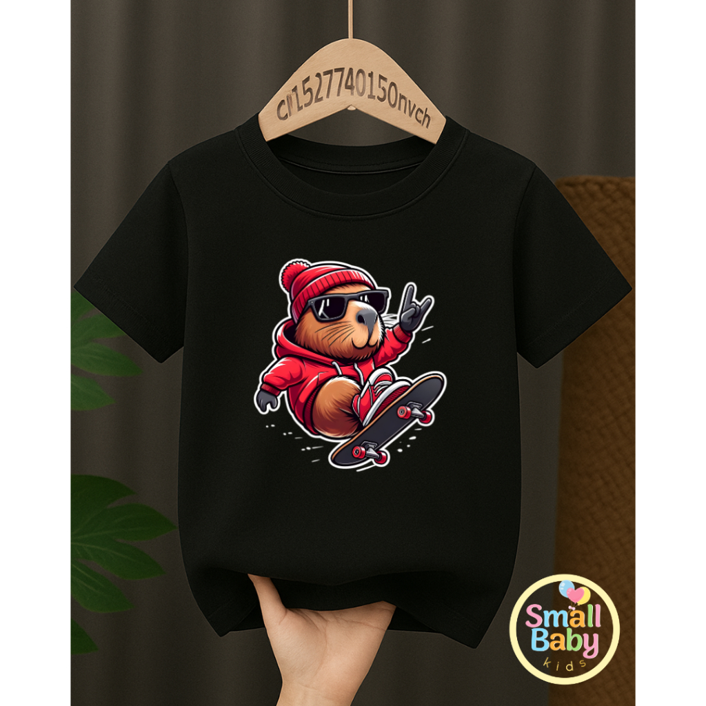 Camiseta Infantil Juvenil Unissex Capivara Skate Vermelho Estampada Desenho Descolado Personagem