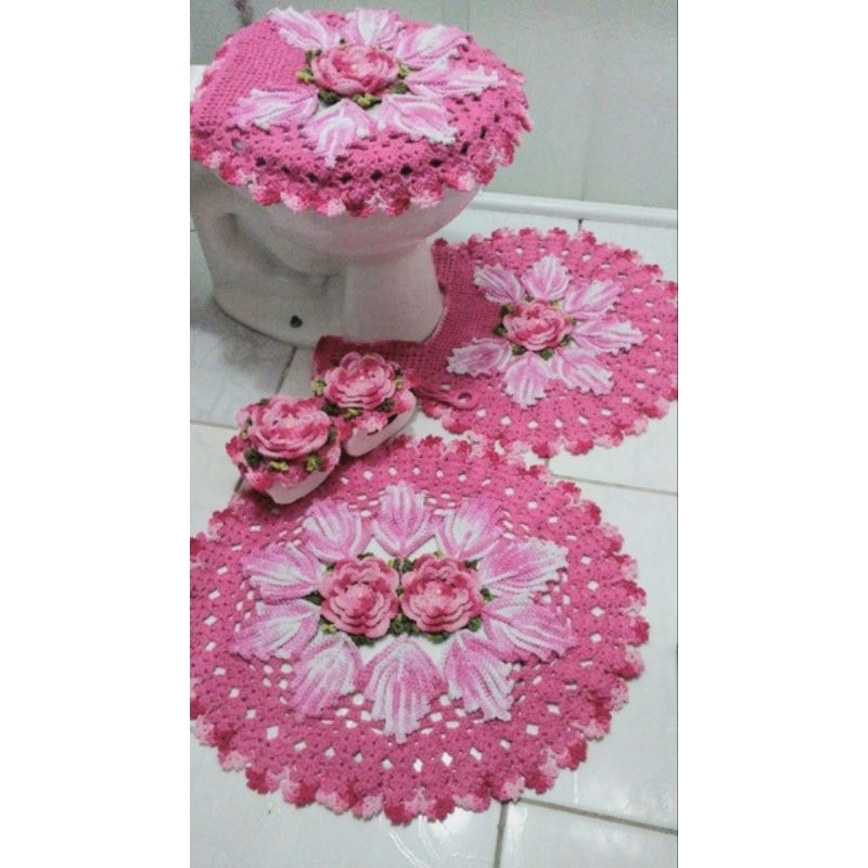 Jogo de banheiro crochê harmonia rosa com 5 peças