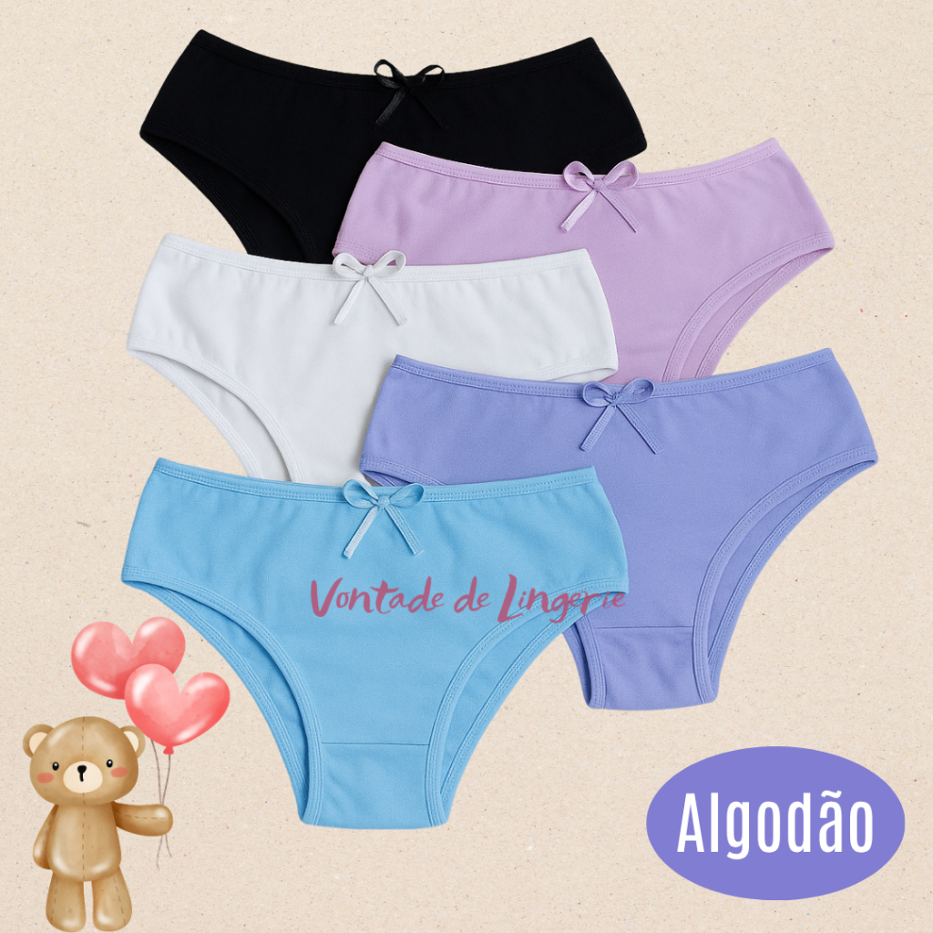 Kit 5 Calçolinhas Infantil Calcinha Tanga em Algodão