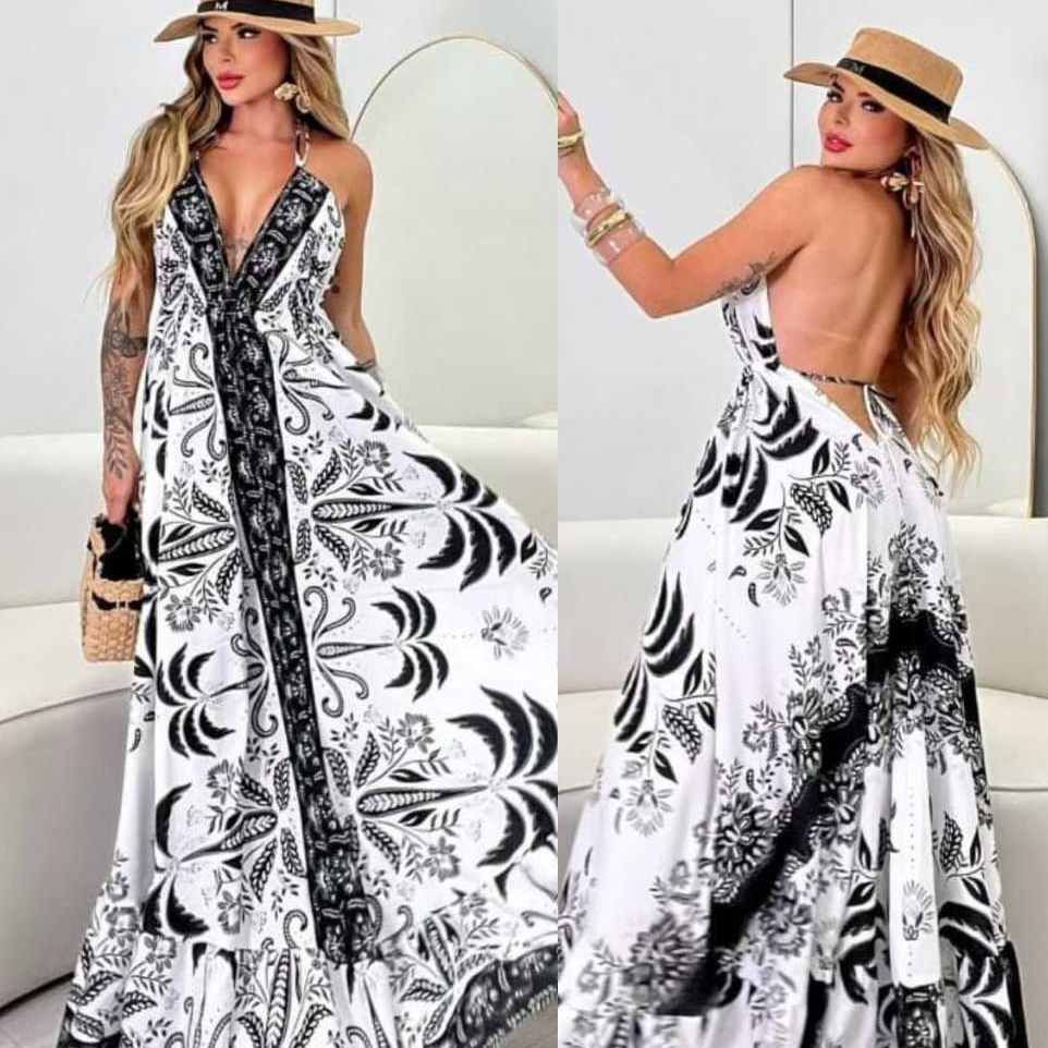 Vestido Longo Feminino Estampado Alça Fina Decote V e Costas Abertas Estilo Indiano Moda Verão em Oferta na Shopee