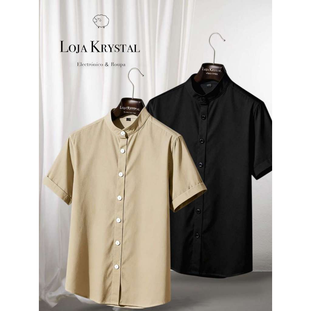 LK KIT 2 Terno preto de duas peças Camisa manga curta social masculina de viscolinho com gola padre