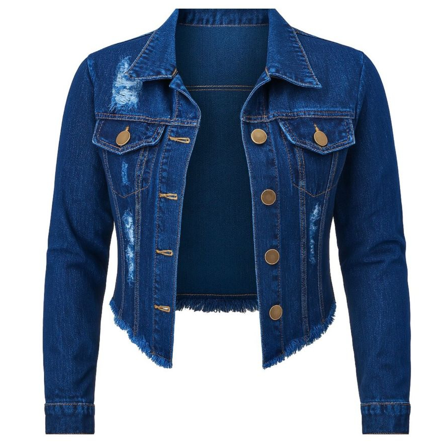 Jaqueta Jeans Feminina Denim Escura Manga Longa Cores Desfiada Linha Premium