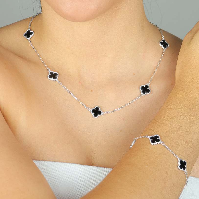 conjunto colar + pulseira trevo virginia preto prata 925