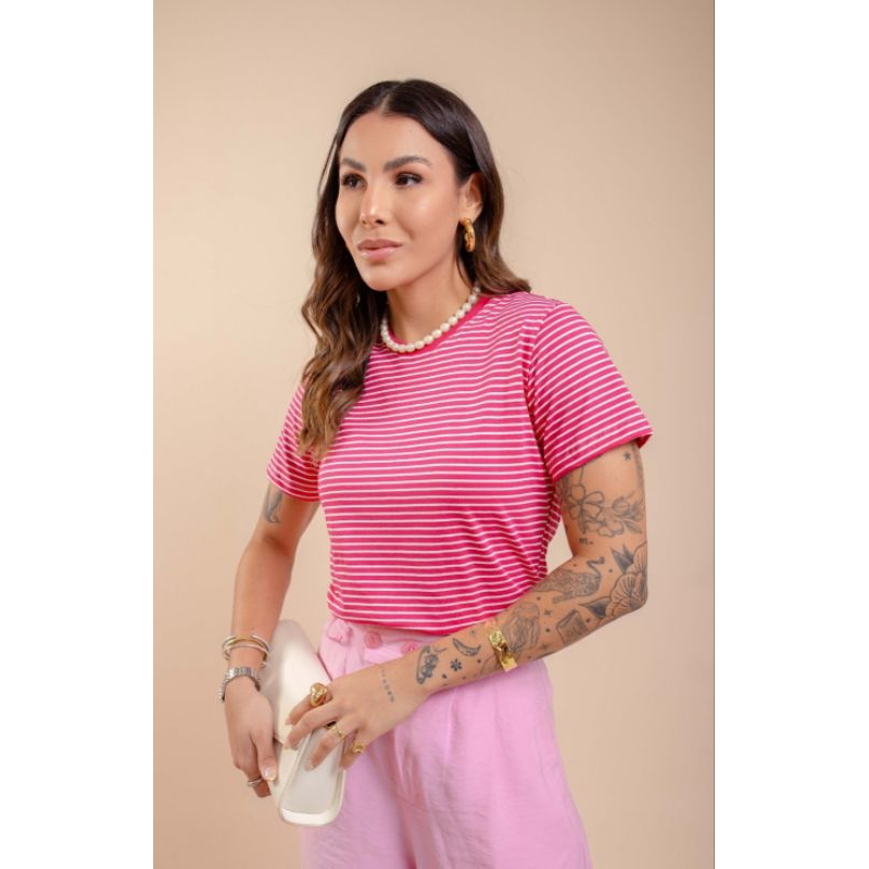 Camiseta Feminina Básica Listrada Algodão Manga Curta T-Shirt Blogueira Moda Tendência Confortável Pink