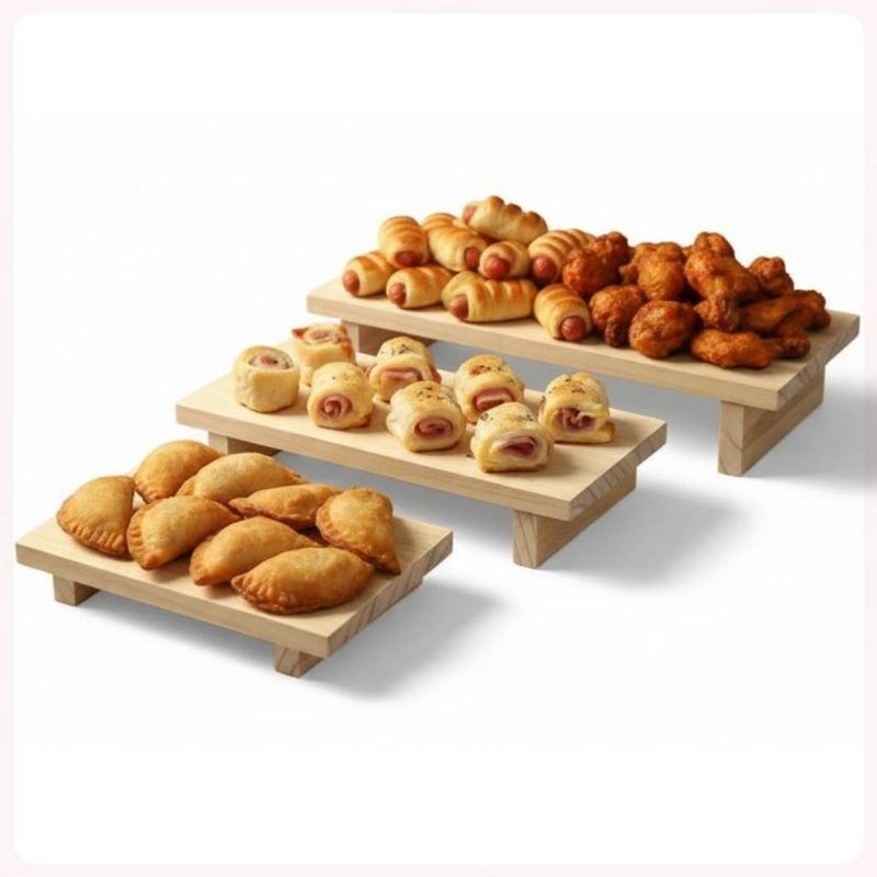 Kit Bandejas Suporte para Doces e Frios 3 Andares Escadinha Decoração Festa Buffet Madeira Rústica