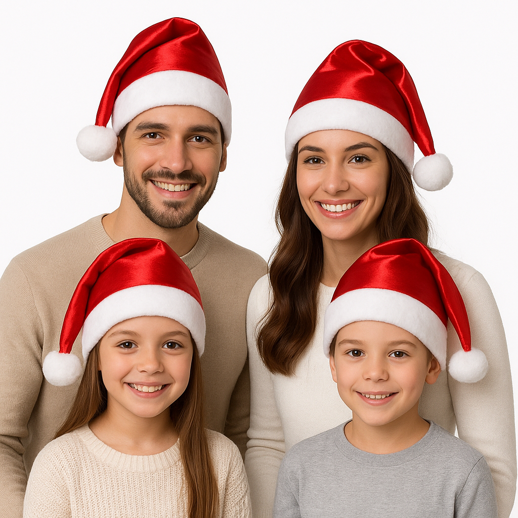 Kit com 5,10 Gorro de Papai Noel de Cetim Natalino Gorro Natal Brilhante Adulto Infantil Fantasia