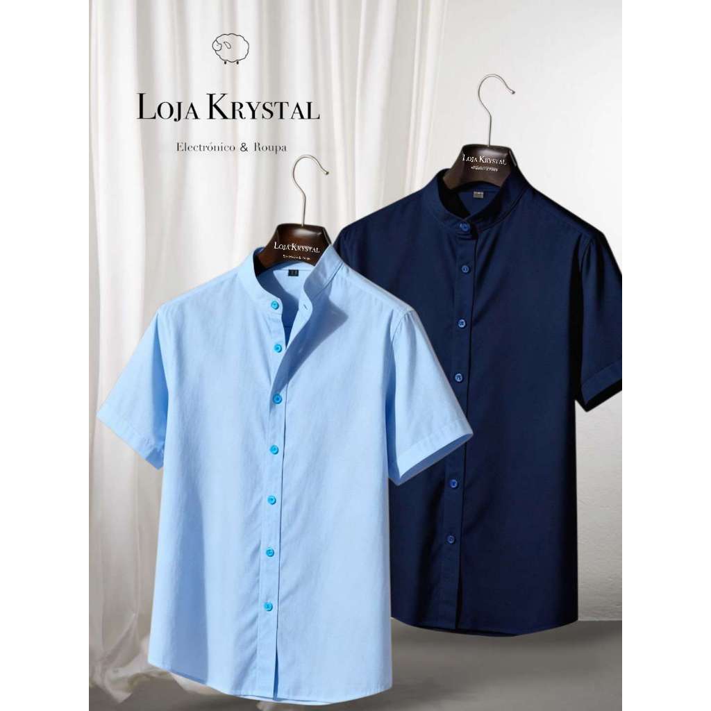 LK KIT 2 Camisa padre  Azul Marinho de duas peças Camisa manga curta social masculina de viscolinho com gola padre