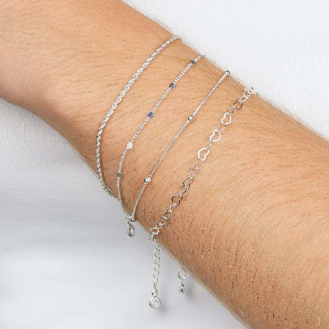 kit 4 pulseiras prata 925, cordão+veneziana com bolinhas + elo e detalhe coração