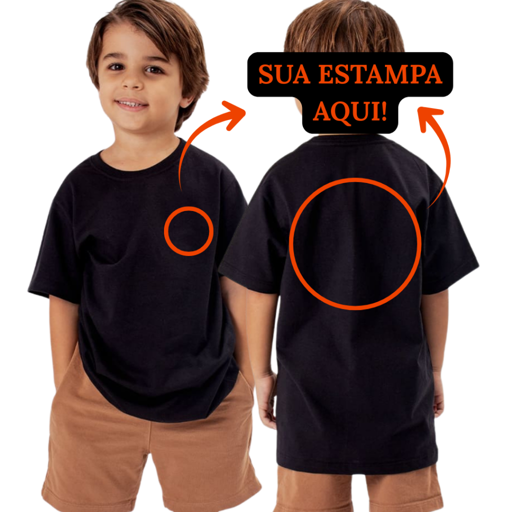 Camiseta Infantil Unissex Personalizada Estampada Frente e Costas Todos os Tamanhos 100% Algodão