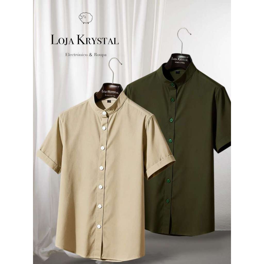 LK KIT 2 Camisa padre   Verde Escuro de duas peças Camisa manga curta social masculina de viscolinho com gola padre