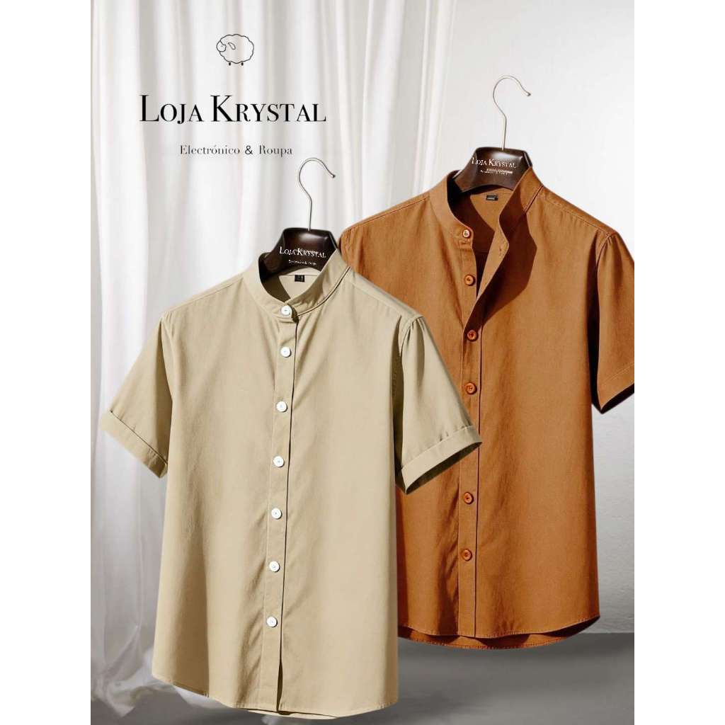 LK KIT 2 Terno Marrom de duas peças Camisa manga curta social masculina de viscolinho com gola padre