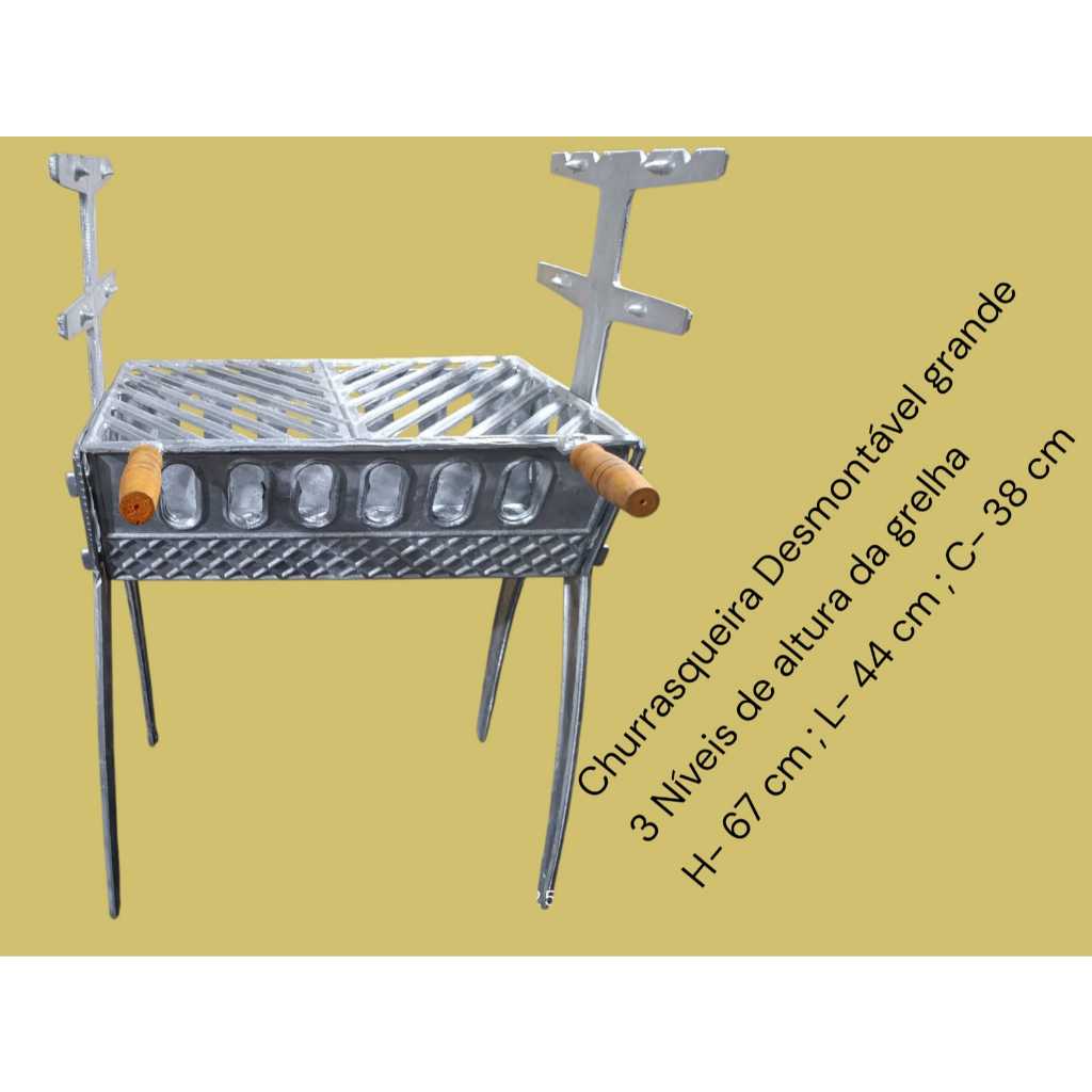 Churrasqueira em Alumínio Fundido Portátil Desmontável-3 TAMANHOS, acompanha Grelha Com Cabo Madeira