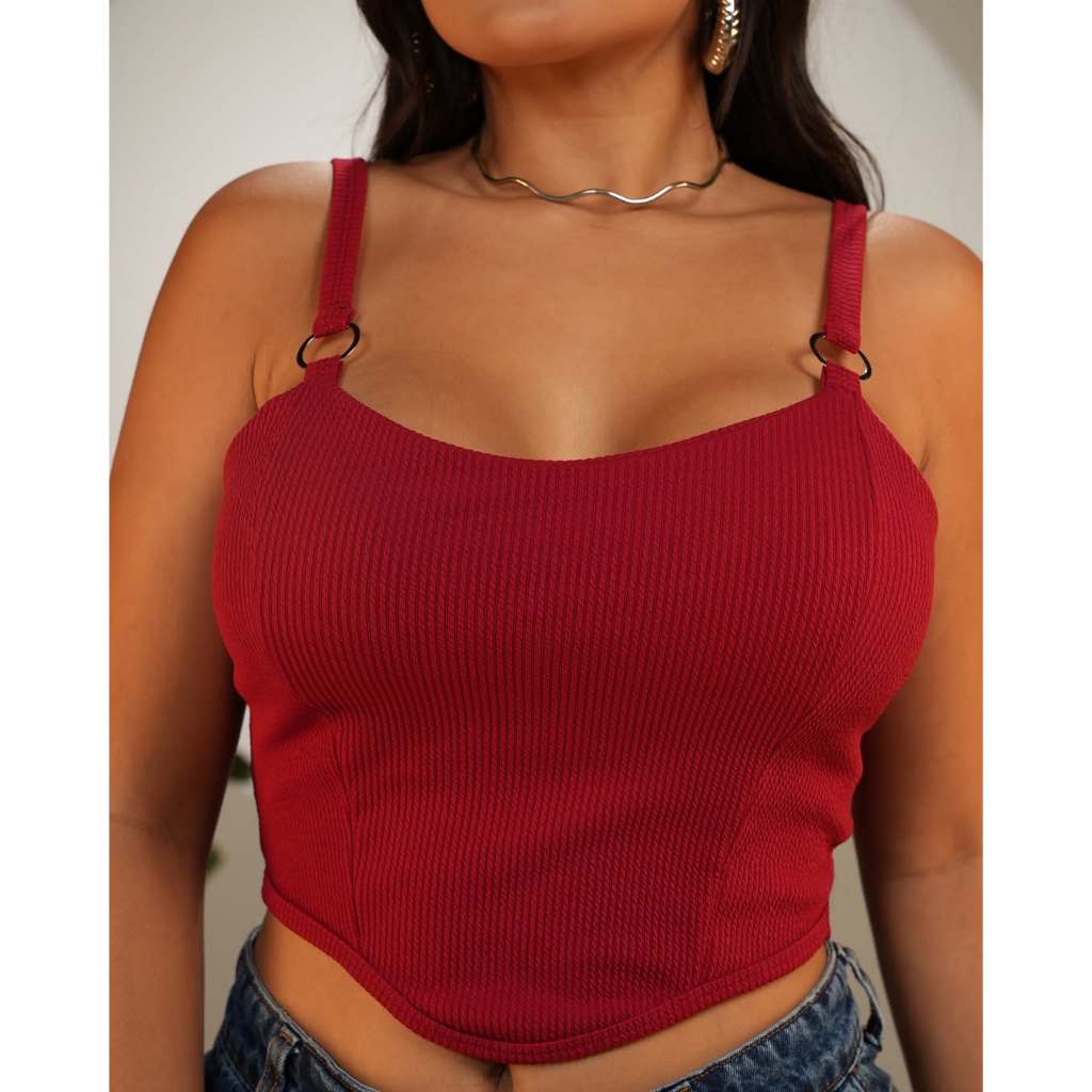 Cropped Feminino com Alças Finas e Argolas – Tecido Canelado Estiloso Ajustado Justo Tamanho Único