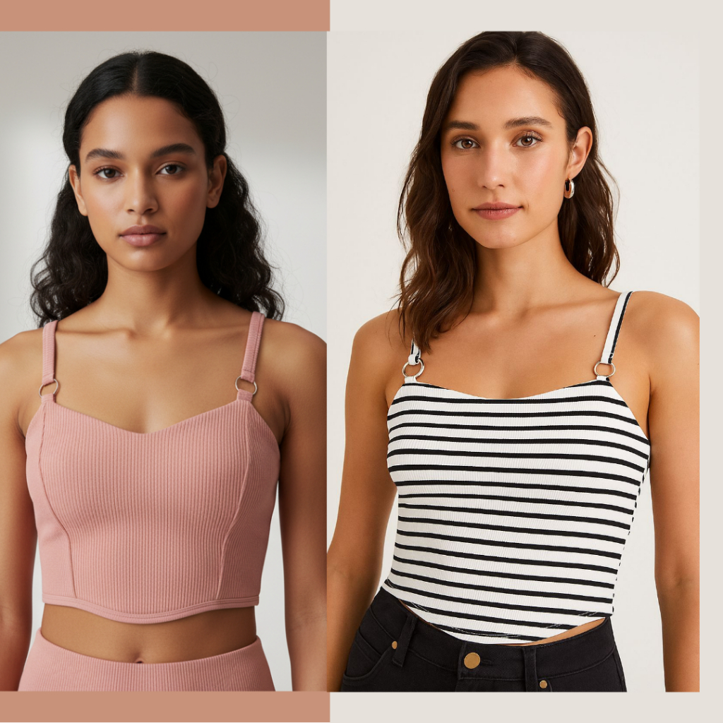 Top Cropped Feminino com Alças Finas e Argolas – Tecido Canelado Estiloso Ajustado Justo Tamanho Único