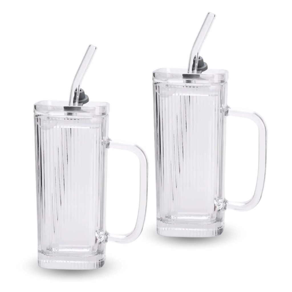 Copo de Vidro Com Canudo Copo de Vidro Com Tampa Vidro Canelado Caneca Plissada