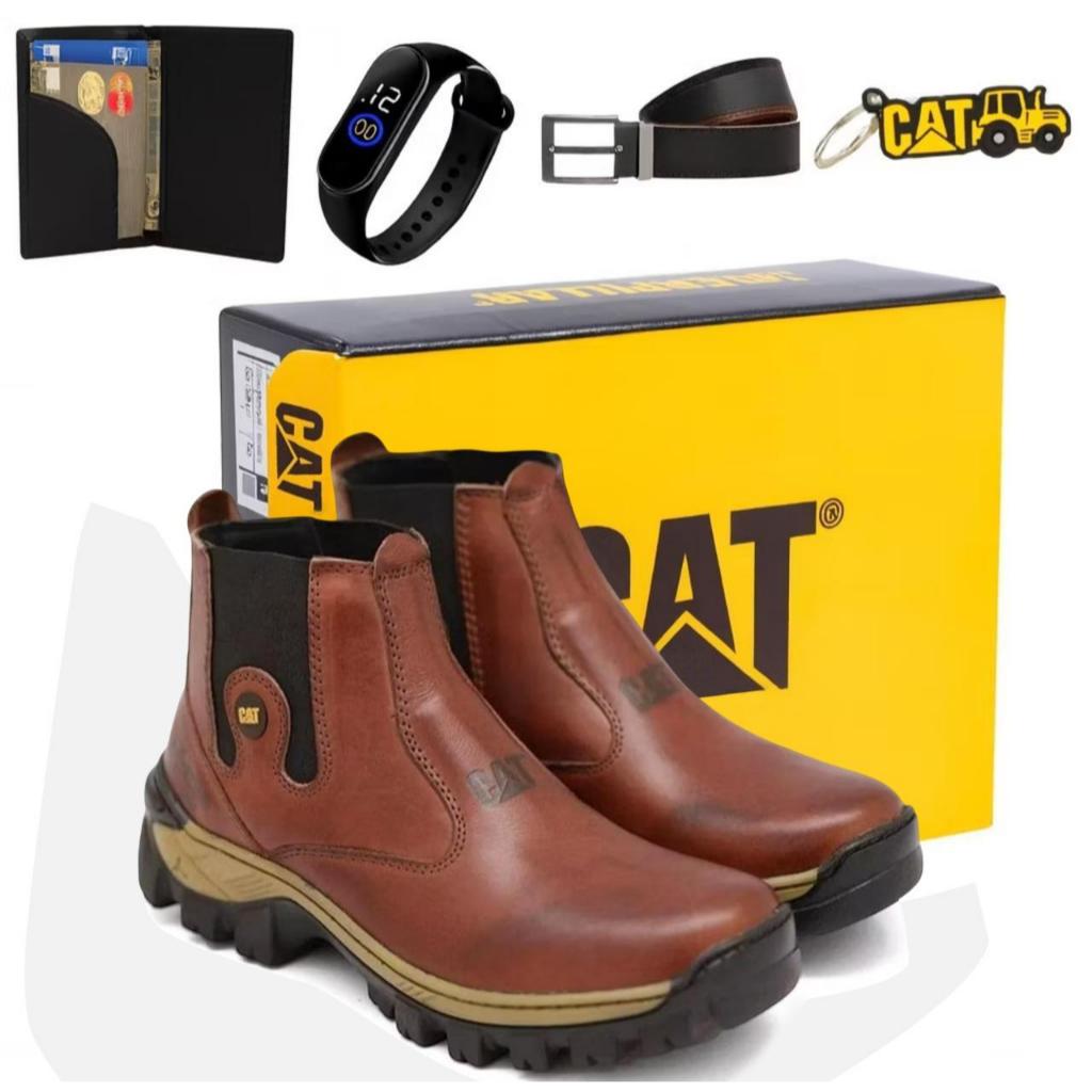 Bota Botina Masculina Cat Impermeável Adventure Trilha de Couro Reforçado Leve Solado Costurado + Cinto Carteira Relogio