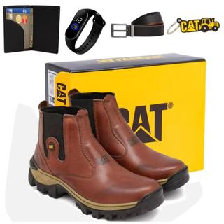 Bota Botina Masculina Cat Impermeável Adventure Trilha de Couro Reforçado Leve Solado Costurado + Cinto Carteira Relogio