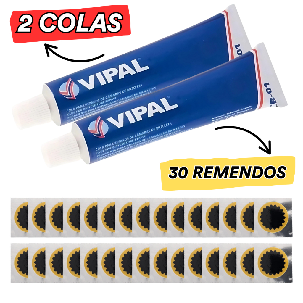 Kit 30 Remendos Moto Bicicleta Vipal Camara de Ar 2 Colas de Remendo Vipal 15g e 30 Remendos 30mm A Frio