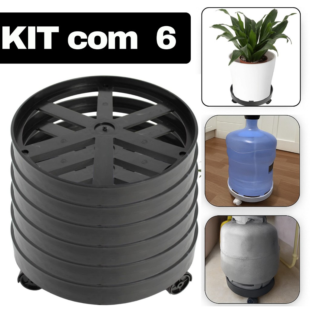 6 Suportes Plástico para Botijão de Gás Planta Galão de Água Base Resistente com Rodinha Giratória