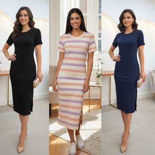 Vestido longo listrado e Liso Vestido Midi Vestido feminino Casual Tecido Confortável Viscolycra