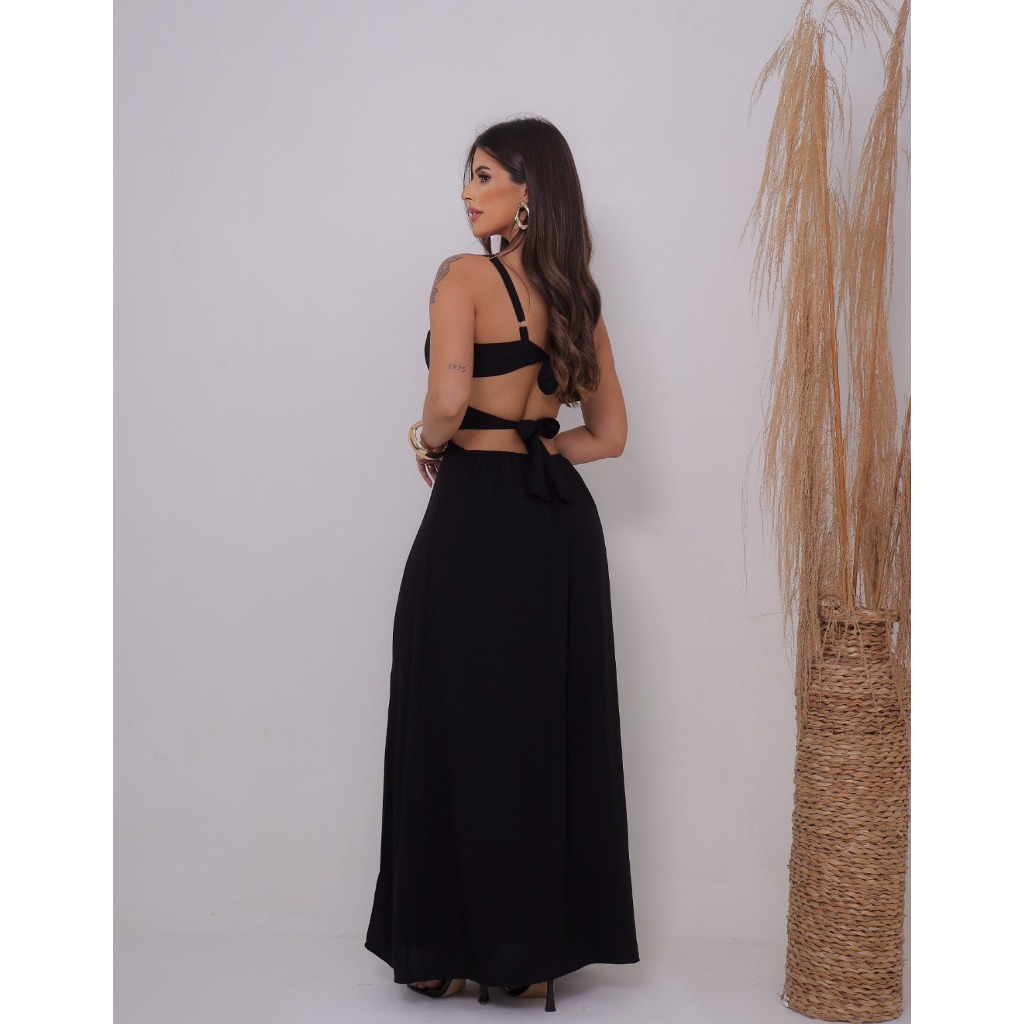 Vestido Feminino Longo com Fenda Lateral Abertura Na Cintura E Amarração nas Costas