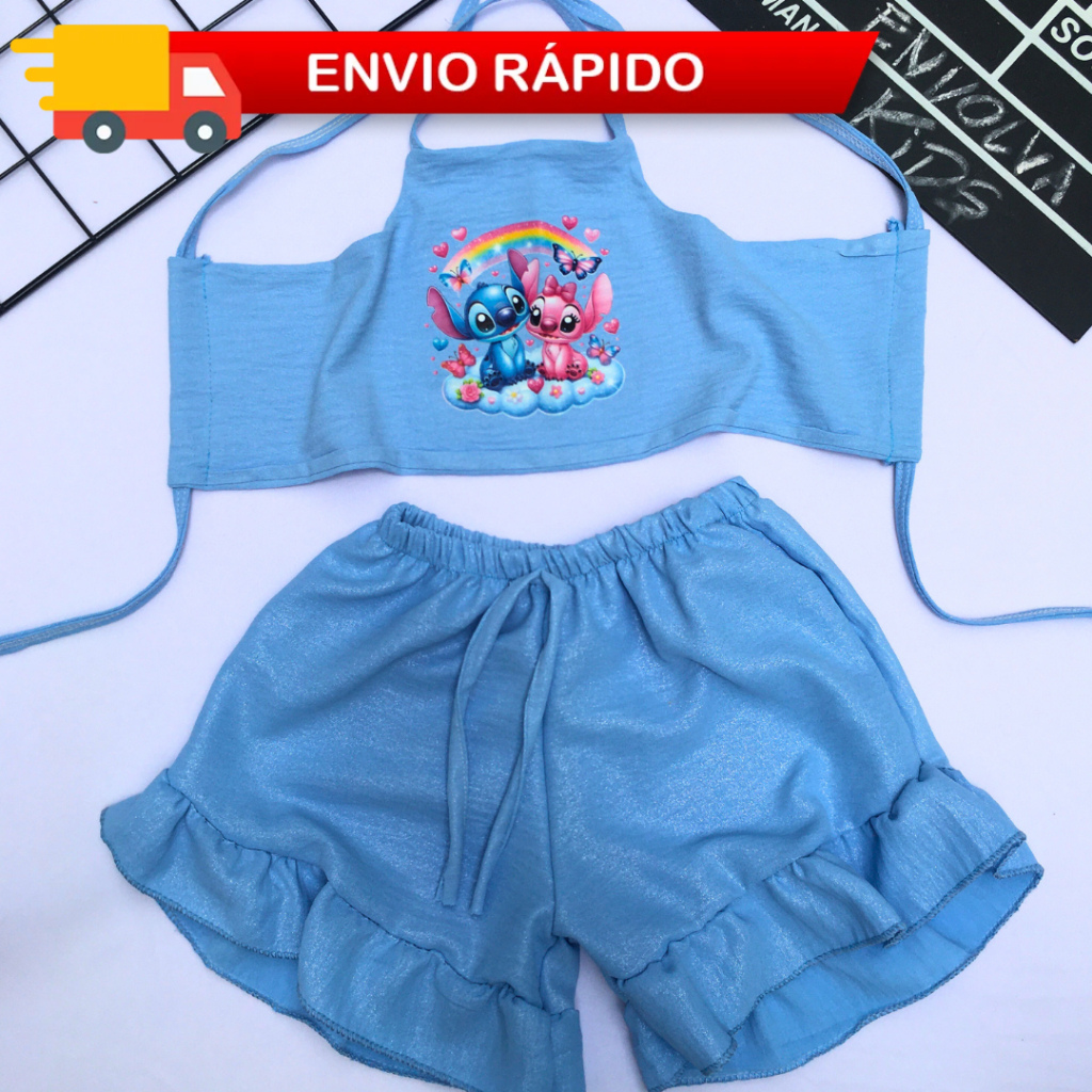 Conjunto Cropped + Short infantil Stitch Menina Rosa