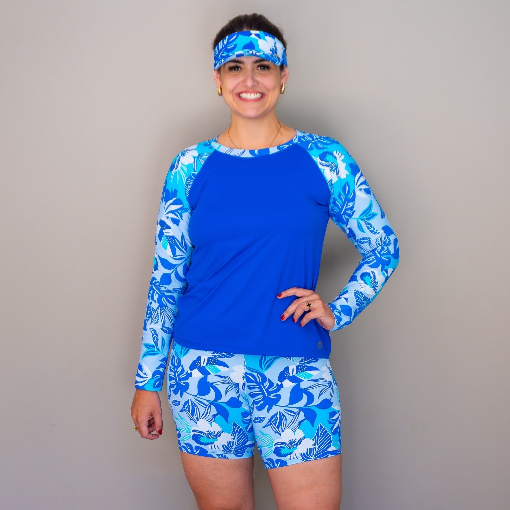 Conjunto de Praia Blusa Uv + Short De Praia + Viseira Brinde Plus Size Moda Praia Modesta