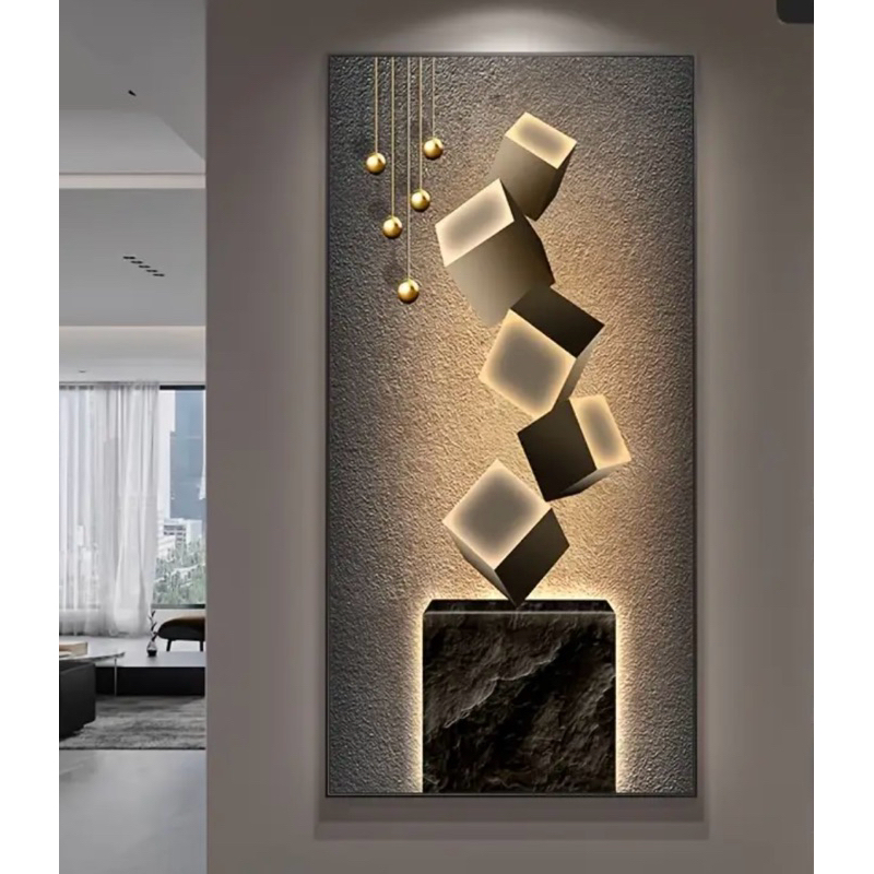 Quadro Decorativo Moderno Cubos Dourados 3D com Efeito de Iluminação Abstrato Luxo para Sala e Hall