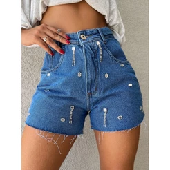 Short Jeans cintura alta feminino com pedras brilhantes de corrente