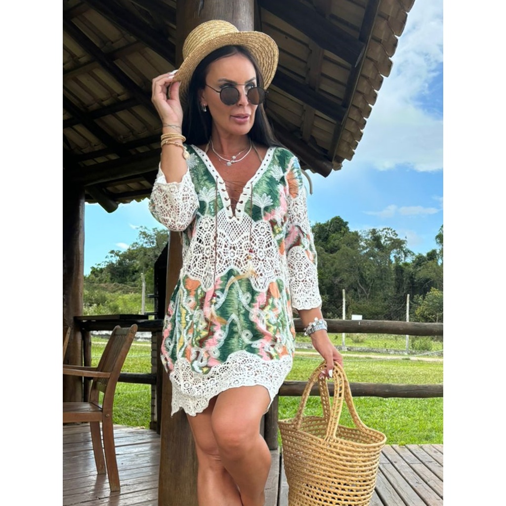 Blusão de Praia Feminina Boho Bohemian Macrame Algodão / Saida de Banho Algodão Indiana 2818