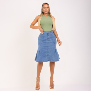 Saia Jeans Evangelica Maria Evase Bolsos Funcionais Elastano Lycra Casual em Oferta na Shopee