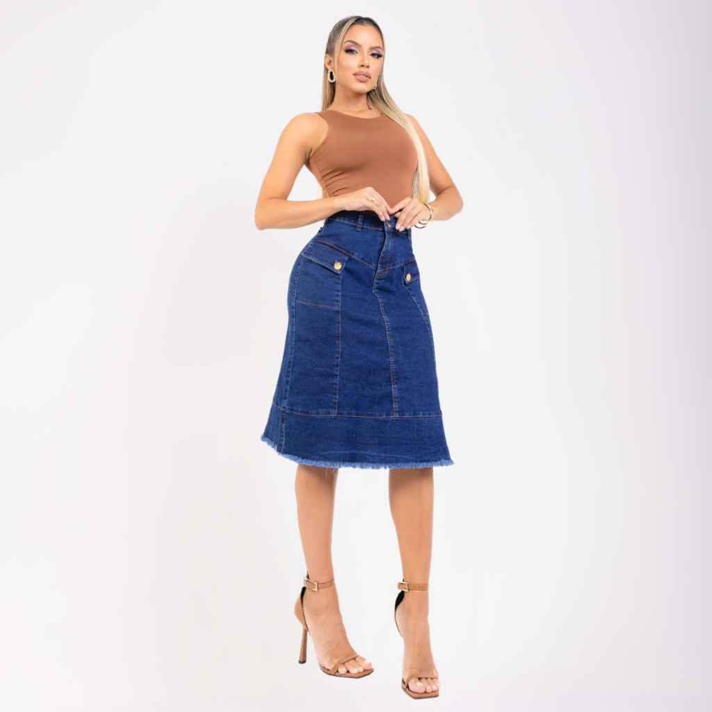 Saia Jeans Rebeca Feminina Midi Cintura Alta Com Bolsos Barra Desfiada Com Elastano Lycra em Oferta na Shopee