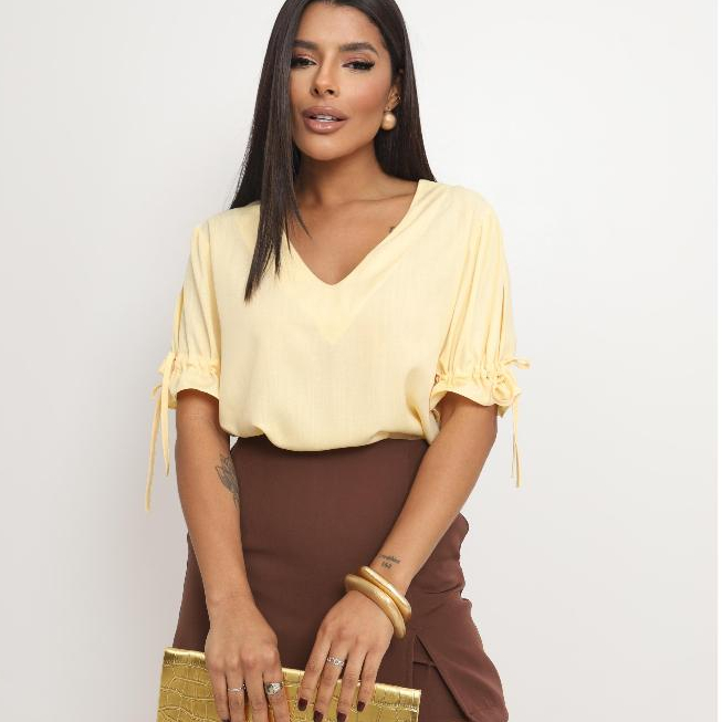 Blusa Feminina Casual Social- Manga com Laço e  Decote V em Oferta na Shopee