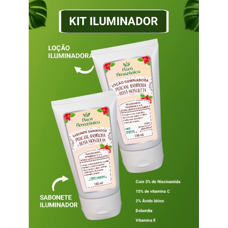 Kit iluminador 3%NIACINAMIDA, 15% vitamina C, 2% ácido lático, dolomita e vitamina E (Flora Amazônica Cosmética)