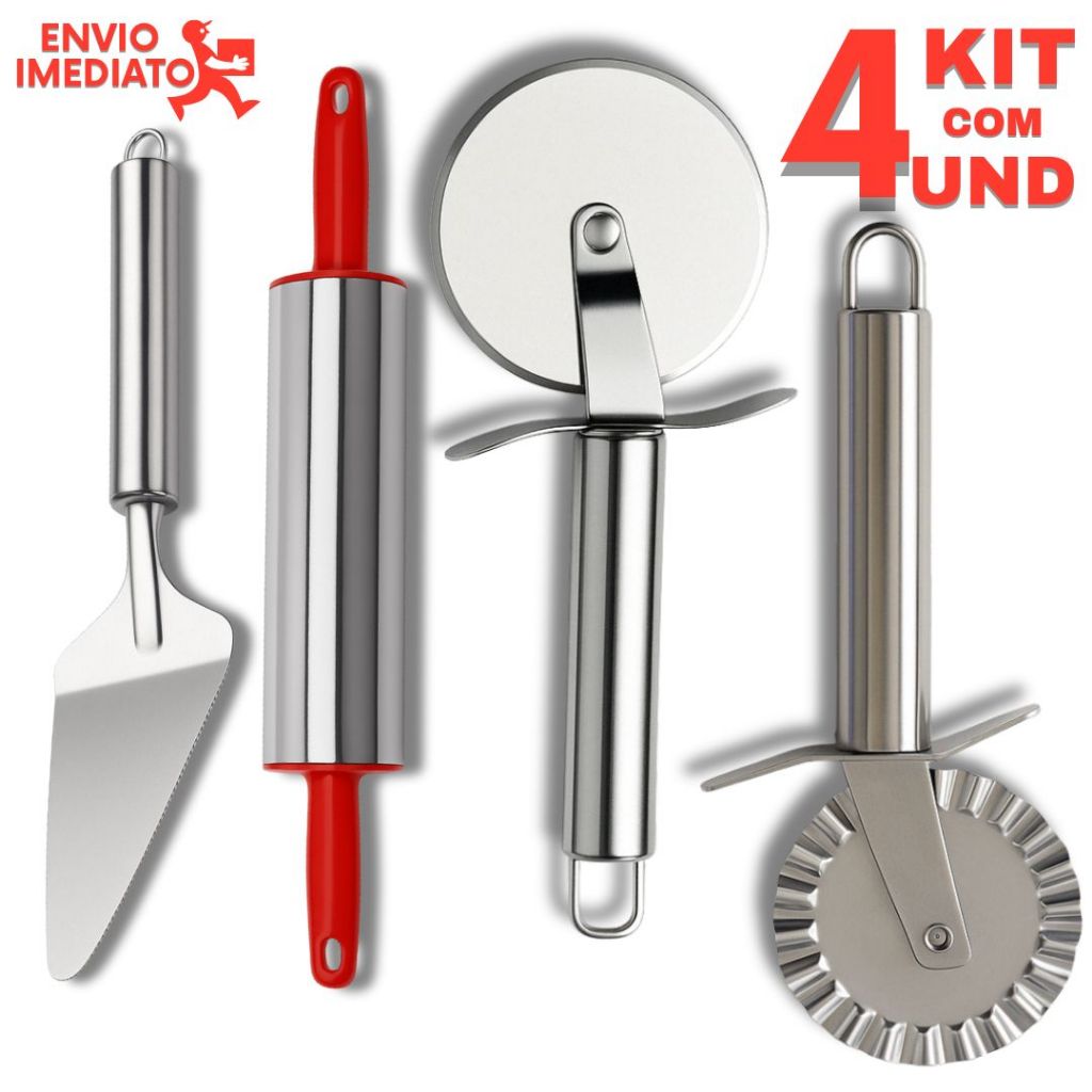 Kit 4 Peças Carretilhas Cortador De Massa Pastel e pizza, Rolo de massa e Espátula de Bolo