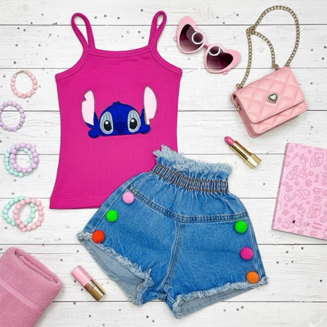 conjunto infantil Blusa regata Stitch + short moda infantil blogueira lançamento luxo