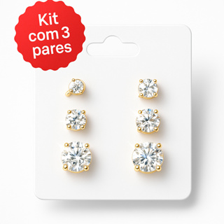 Kit 3 Pares de Brincos Feminino Ponto Luz Dourado com Zircônia - Brilho e Elegância no Verão e Natal em Oferta na Shopee