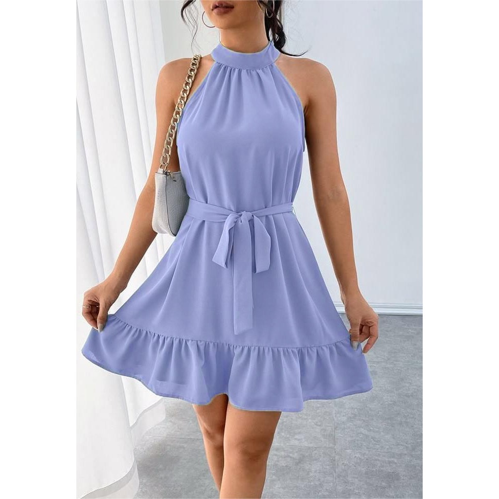 Vestido Feminino Gola Halter Amarração No Pescoço com babado na parte de baixo Tendência Chic Elegante em Oferta na Shopee
