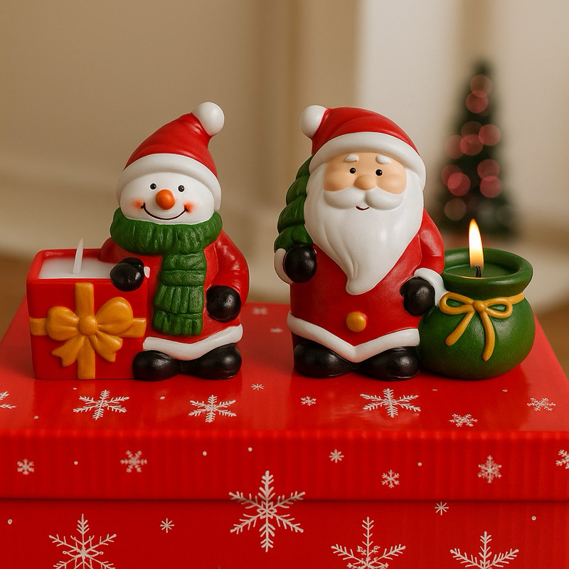 Enfeite Natalino com Vela Papai Noel e Boneco de Neve  Castiçal Decorativo de Natal