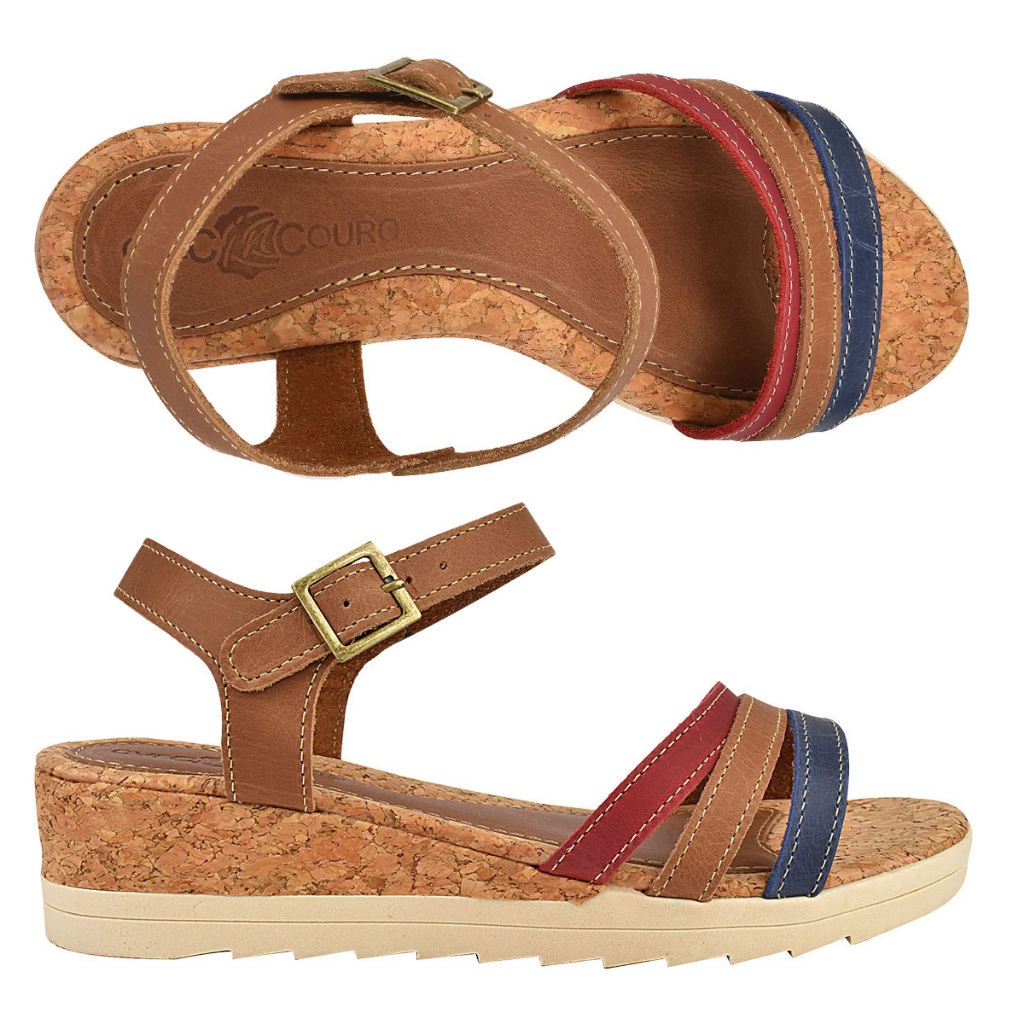 Sandália Feminino Anabela Flatform Tiras Larga Fechada Couro Legítimo Salto Alto Artesanal Confortável SC90.46