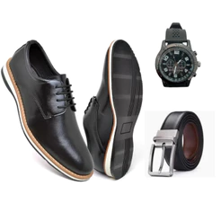 Kit Sapato Casual Masculino Oxford Cinto + Relogio Couro Preto Marrom Sapatenis Couro Sintetico Festa Trabalho